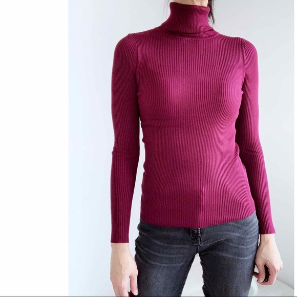 BURGUNDY SLIM FIT RIBBED TURTLENECK TOP - Picture 2 of 10
